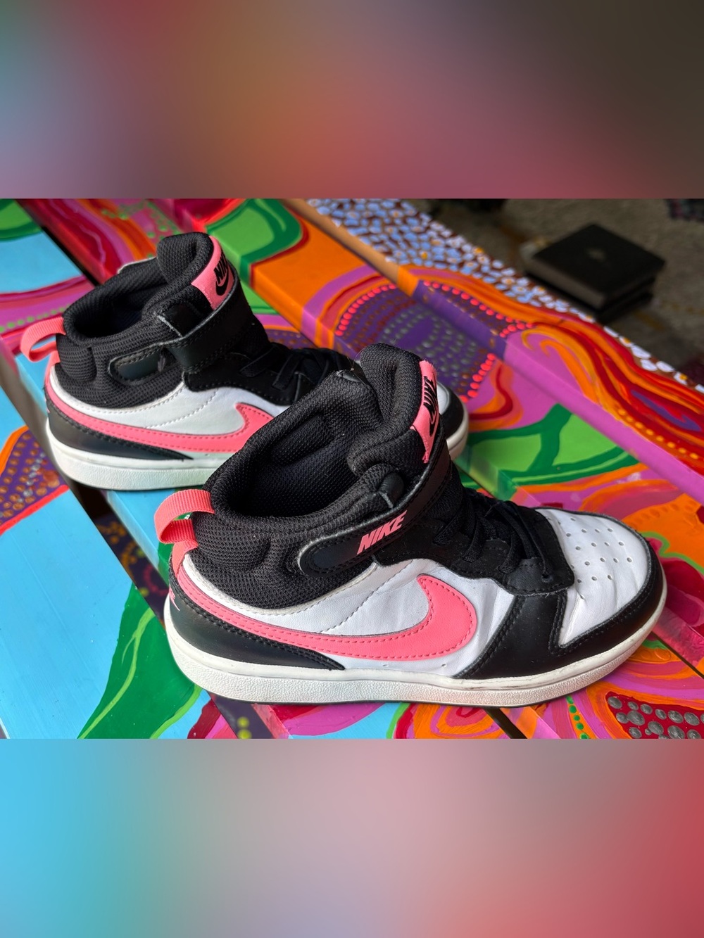 Nike Court Borough Mid 2 Kids Leather Basketball Shoes Blk/Wht/Sunset Size 1